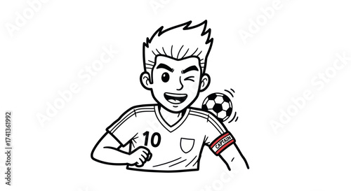 Cartoon Soccer Player Winking with Ball Wearing Captain Armband and Number 10 Jersey.