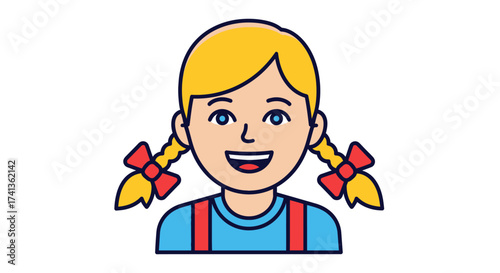Cheerful cartoon girl with blonde pigtails and red bows.