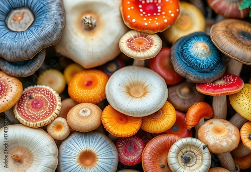 A vibrant collection of various mushrooms, showcasing diverse textures and colors,  drawing,  gills