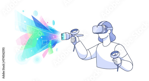Woman wearing VR headset and holding controllers interacting with vibrant digital projection.