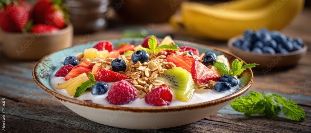 Fototapeta premium The Yogurt Bowl with Fresh Fruit and Crunchy Granola on Wooden Table