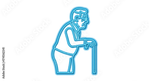 Glowing neon outline of an elderly man using a walking cane.