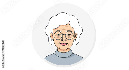 Smiling Elderly Woman Avatar Illustration with White Hair and Glasses.