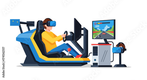 Person Using a VR Racing Simulator with Screen and Controls.