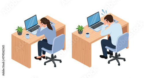 Stressed businesswoman and businessman at their desks facing burnout from overwhelming work pressure in the office, experiencing anxiety and frustration