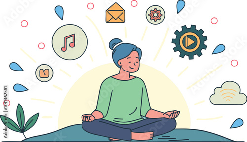 Meditation and Mindfulness Concept Illustration with Relaxed Woman