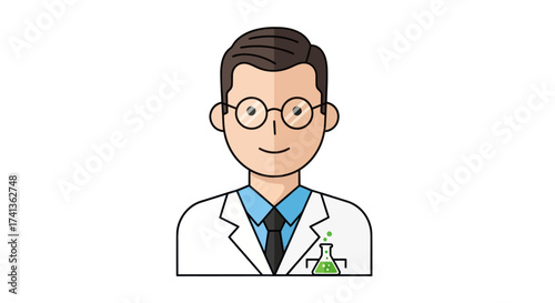 Cartoon Scientist with Glasses and Lab Coat Smiling.
