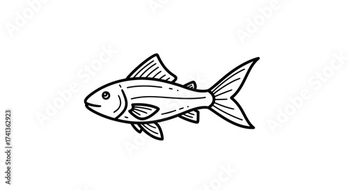 Simple Black and White Line Art Drawing of a Fish.