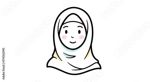 Simple line art illustration of a smiling young woman wearing a traditional hijab.
