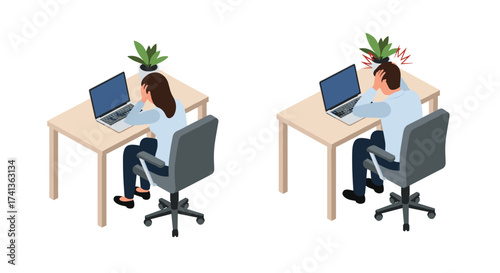 Overwhelmed professionals struggling with burnout at work, facing stress and frustration with difficult challenges, desperately seeking work life balance solution