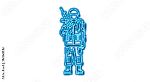 Neon Blue Silhouette of Armed Soldier Standing Ready for Battle.