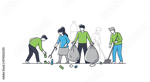 Diverse group of people actively cleaning up litter and collecting trash in bags.