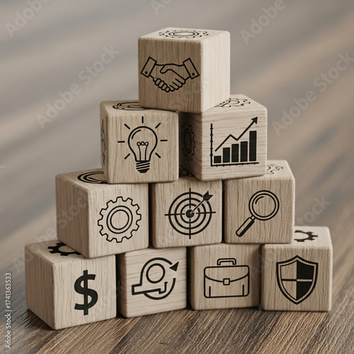 Inspiring wooden blocks stacked with powerful business icons represent growth, innovation, and strategic success
