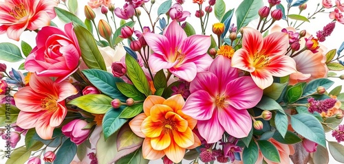 Vibrant watercolor blooms, leaves, and stems in a lush, romantic arrangement,  pink,  orange