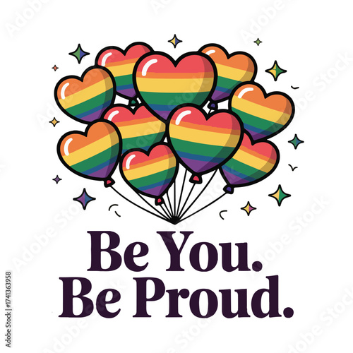 LGBTQ pride vector for National Coming Out Day with rainbow ribbon, heart hands, inclusive people, love is love typography, minimalistic bold flat vector shapes and celebration elements