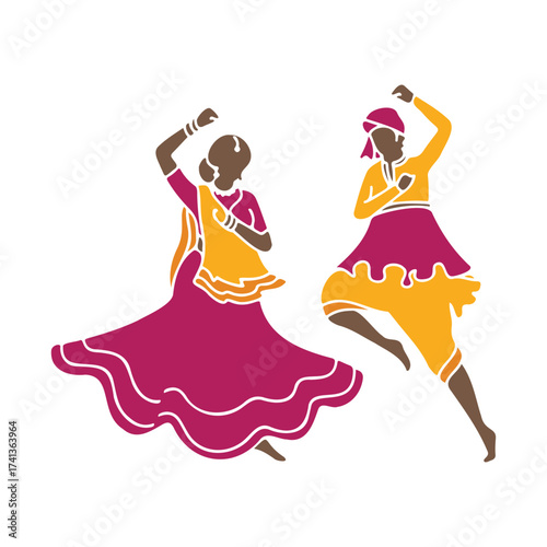 Garba Dance, Indian Traditional Navratri dandiya dance, Illustration of two indian dancers in traditional clothing.