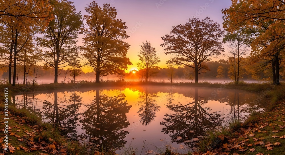 Obraz premium Autumn Sunrise Over Pond with Trees.
