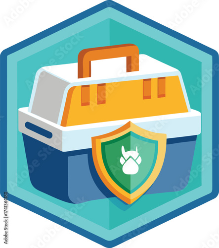 Pet Carrier Icon with Shield and Paw Print for Animal Safety Keywords: pet carrier, animal safety, shield