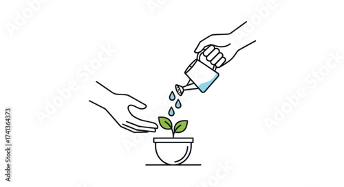 Hands nurturing a small plant with water from a watering can.