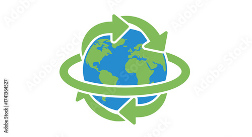 Green recycling arrows circling Earth globe symbol.