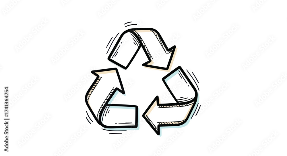 Obraz premium Hand-drawn Sketch of a Recycling Symbol Black and White Doodle.