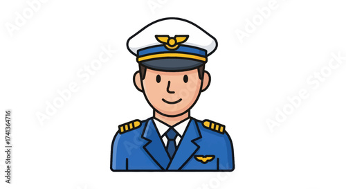 Cartoon illustration of a smiling male airline pilot in a blue uniform and cap.