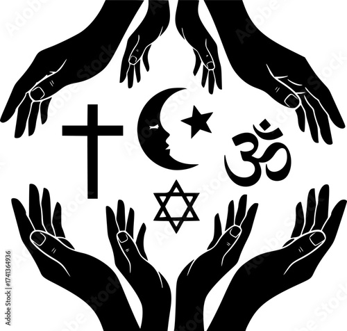 Group of Hands Holding Religious Symbols (Unity)	A conceptual black vector silhouette featuring a group of hands (mixed diversity implied) gently holding or surrounding various, simplified religious