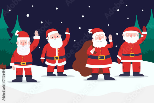 Set of funny cute Santa Claus characters with different poses, emotions, holiday situations isolated on white background.