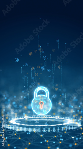 Vertical digital illustration of glowing padlock symbol above a futuristic circular platform representing cybersecurity and online data protection.