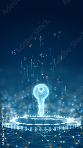 Vertical digital illustration featuring a glowing key symbol representing access, security, and encryption technology in a futuristic network design.