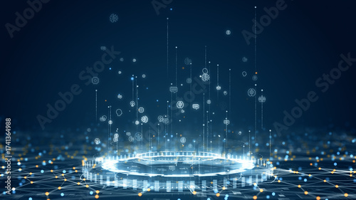 Artificial intelligence concept with glowing neural and technology icons rising from a digital circular platform in blue tone.