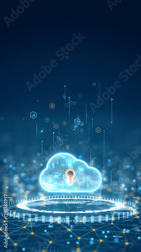 Vertical digital artwork of glowing cloud with keyhole symbol representing cloud security and data protection in a futuristic technology network.