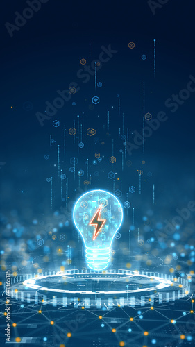 Vertical glowing light bulb with lightning symbol above a futuristic platform representing innovation, energy technology, and creative ideas.