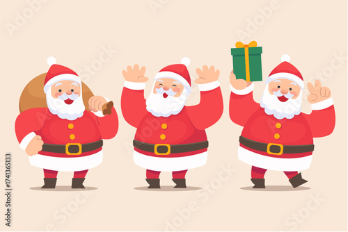 Set of funny cute Santa Claus characters with different poses, emotions, holiday situations isolated on white background.
