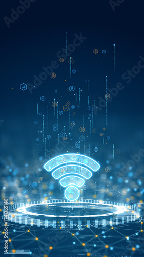 Vertical digital illustration of glowing WiFi symbol above futuristic circular interface representing wireless connection and global network communication.
