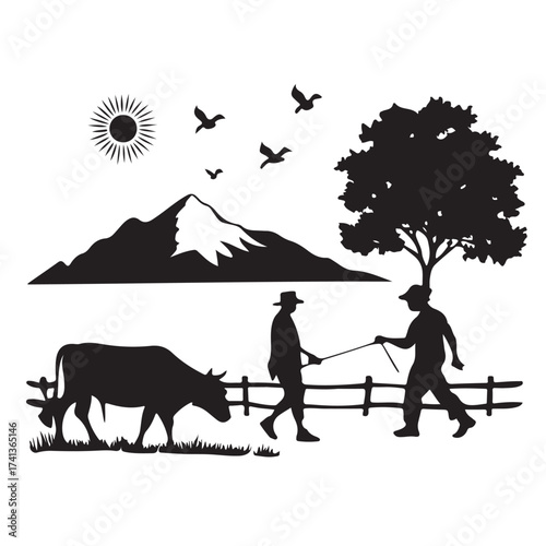 Farmers tending to livestock under a majestic mountain and a large tree