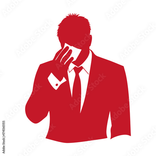 Silhouette of a businessman wiping his forehead with a handkerchief, in red graphic design. Transparent background