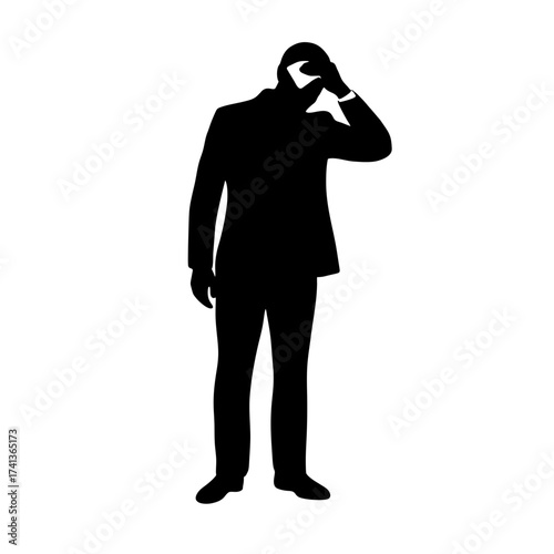Silhouette of a man in a suit touching his head with a handkerchief on a transparent background
