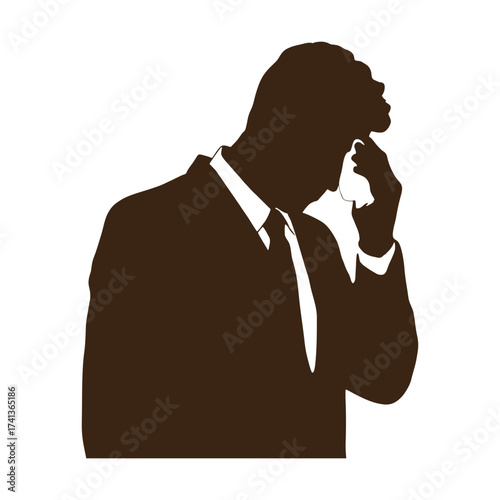 Silhouette of a man in a suit, resting his head on his hand with a handkerchief on a transparent background. The brown color of the silhouette.