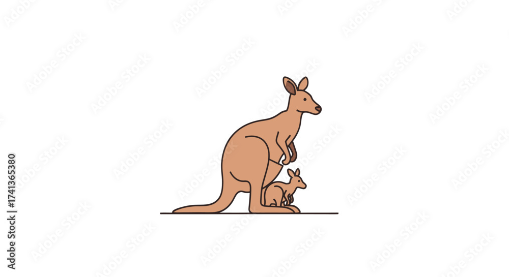 Fototapeta premium Cute cartoon kangaroo mother with joey in pouch.
