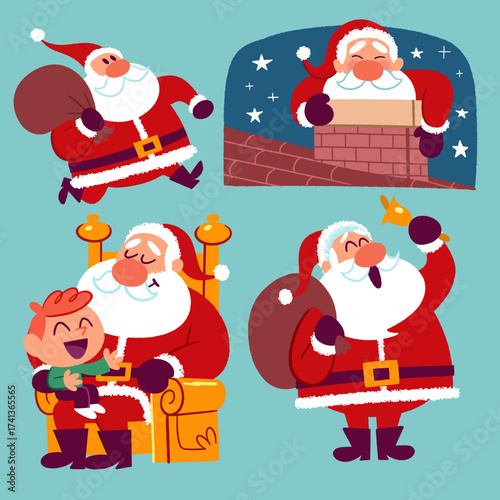 Set of funny cute Santa Claus characters with different poses, emotions, holiday situations isolated on white background.