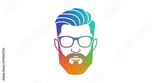 Stylized illustration of a mans head with a beard and glasses.