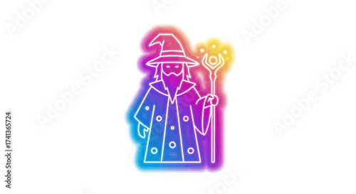Vibrant Neon Wizard Character with Magical Staff Illustration.