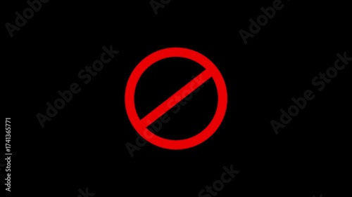 Warning, stop or no entry forbidden red circle on black background. Animation of delete, denied, ban or block icon