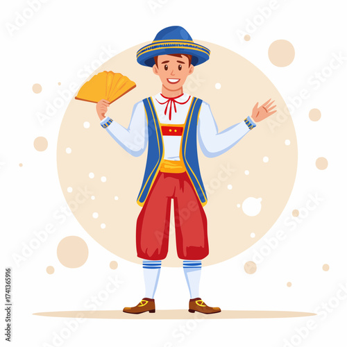 Portuguese man waving with fan in traditional costume