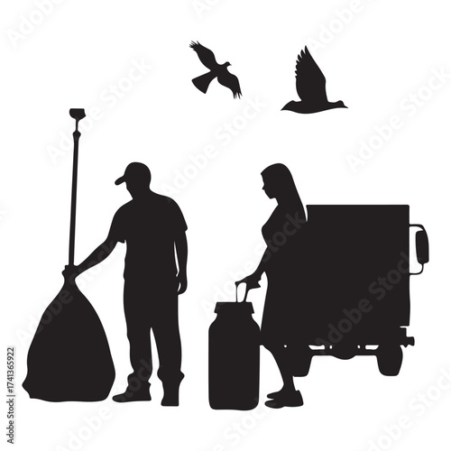 Silhouetted figures prepare for outdoor adventure with gear and birds overhead