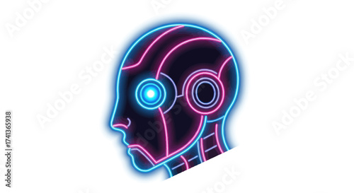 Neon Robot Head Profile with Glowing Blue Eye.