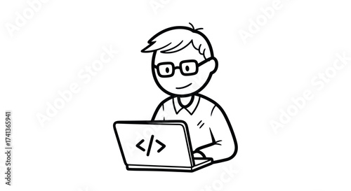 Cartoon programmer with glasses working on a laptop computer.