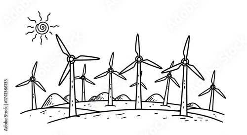 Hand-drawn wind turbines on hills with sun symbolizing renewable energy.