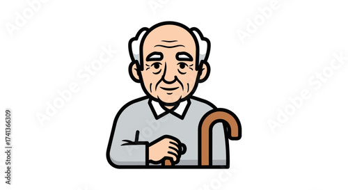 Elderly Man with Cane Cartoon Style Portrait.